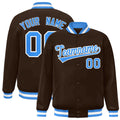 Personalized Brown & Powder Blue & White Striped Trim Satin Full-Snap Varsity Jacket - front view