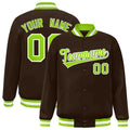Custom Brown & Neon Green & White Striped Trim Satin Full-Snap Varsity Jacket - front view