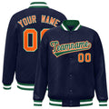 Custom Navy & Green & White Striped Trim Satin Full-Snap Varsity Jacket - front view