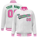 Personalized White & Pink & Green Striped Trim Satin Full-Snap Varsity Jacket - front view