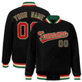 Personalized Black & Red & Khaki Striped Trim Satin Full-Snap Varsity Jacket - front view