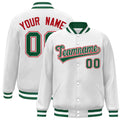Custom White & Green Striped Trim Satin Full-Snap Varsity Jacket - front view