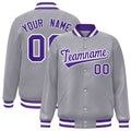 Personalized Gray & Purple & White Striped Trim Satin Full-Snap Varsity Jacket - front view