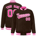 Custom Brown & Pink & White Striped Trim Satin Full-Snap Varsity Jacket - front view