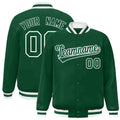 Custom Green & White Striped Trim Satin Full-Snap Varsity Jacket - front view