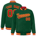 Custom Green & Red & Gold Striped Trim Satin Full-Snap Varsity Jacket - front view