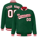 Personalized Green & White & Red Striped Trim Satin Full-Snap Varsity Jacket - front view