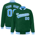 Custom Green & Powder Blue & White Striped Trim Satin Full-Snap Varsity Jacket - front view