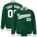 Personalized Green & White & Gray Striped Trim Satin Full-Snap Varsity Jacket - front view