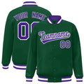 Custom Green & Purple & White Striped Trim Satin Full-Snap Varsity Jacket - front view
