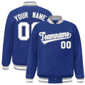 Personalized Royal Blue & White & Gray Striped Trim Satin Full-Snap Varsity Jacket - front view