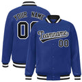 Custom Royal Blue & Black & White Striped Trim Satin Full-Snap Varsity Jacket - front view