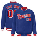 Custom Royal Blue & Red & White Striped Trim Satin Full-Snap Varsity Jacket - front view