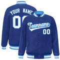 Personalized Royal Blue & White & Powder Blue Striped Trim Satin Full-Snap Varsity Jacket - front view