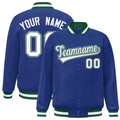 Custom Royal Blue & White & Green Striped Trim Satin Full-Snap Varsity Jacket - front view