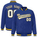 Custom Royal Blue & White & Navy Striped Trim Satin Full-Snap Varsity Jacket - front view