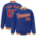 Personalized Royal Blue & Red & Khaki Striped Trim Satin Full-Snap Varsity Jacket - front view