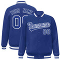 Personalized Royal Blue & White Striped Trim Satin Full-Snap Varsity Jacket - front view