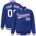 Custom Royal Blue & White & Purple Striped Trim Satin Full-Snap Varsity Jacket - front view