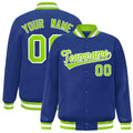Custom Royal Blue & Neon Green & White Striped Trim Satin Full-Snap Varsity Jacket - front view