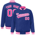 Personalized Royal Blue & Pink & White Striped Trim Satin Full-Snap Varsity Jacket - front view