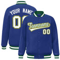 Custom Royal Blue & White & Green Striped Trim Satin Full-Snap Varsity Jacket - front view
