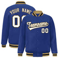 Custom Royal Blue & White & Old Gold Striped Trim Satin Full-Snap Varsity Jacket - front view