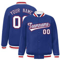 Personalized Royal Blue & White Striped Trim Satin Full-Snap Varsity Jacket - front view