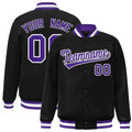 Custom Black & Purple & White Striped Trim Satin Full-Snap Varsity Jacket - front view