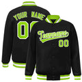 Custom Black & Neon Green & White Striped Trim Satin Full-Snap Varsity Jacket - front view