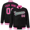 Personalized Black & Pink & White Striped Trim Satin Full-Snap Varsity Jacket - front view
