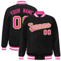 Custom Black & Pink & White Striped Trim Satin Full-Snap Varsity Jacket - front view