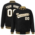 Custom Black & White & Old Gold Striped Trim Satin Full-Snap Varsity Jacket - front view