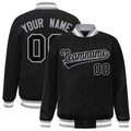 Personalized Black & Gray Striped Trim Satin Full-Snap Varsity Jacket - front view