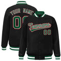 Custom Black & Green & White Striped Trim Satin Full-Snap Varsity Jacket - front view