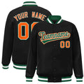 Custom Black & Green & White Striped Trim Satin Full-Snap Varsity Jacket - front view