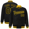 Personalized Black & Gold Striped Trim Satin Full-Snap Varsity Jacket - front view