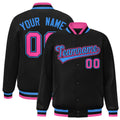 Custom Black & Powder Blue Striped Trim Satin Full-Snap Varsity Jacket - front view