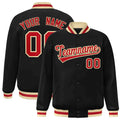 Personalized Black & Red & Khaki Striped Trim Satin Full-Snap Varsity Jacket - front view