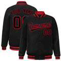 Custom Black & Red Striped Trim Satin Full-Snap Varsity Jacket - front view