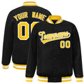 Personalized Black & Gold & White Striped Trim Satin Full-Snap Varsity Jacket - front view