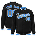 Custom Black & Powder Blue & White Striped Trim Satin Full-Snap Varsity Jacket - front view