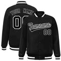 Custom Black & White Striped Trim Satin Full-Snap Varsity Jacket - front view