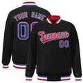 Personalized Black & Red & White Striped Trim Satin Full-Snap Varsity Jacket - front view