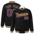 Custom Black & Purple & Gold Striped Trim Satin Full-Snap Varsity Jacket - front view