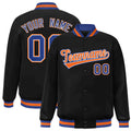Custom Black & Orange & White Striped Trim Satin Full-Snap Varsity Jacket - front view