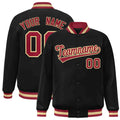 Personalized Black & Crimson & Khaki Striped Trim Satin Full-Snap Varsity Jacket - front view