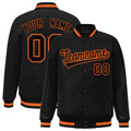 Custom Black & Orange Striped Trim Satin Full-Snap Varsity Jacket - front view
