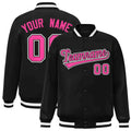Custom Black & Pink Striped Trim Satin Full-Snap Varsity Jacket - front view