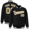 Custom Black & Old Gold & White Striped Trim Satin Full-Snap Varsity Jacket - front view